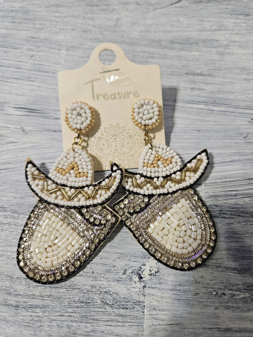 Source Unknown White and Gold Beaded Drop Earrings